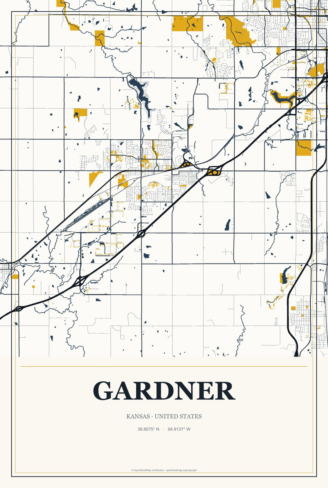 Gardner, Kansas City Map Aluminum Sign in Citrine Modern style