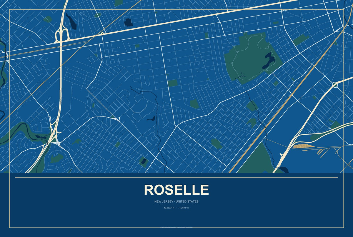 Roselle, New Jersey City Map Aluminum Sign in Harbor Cobalt style