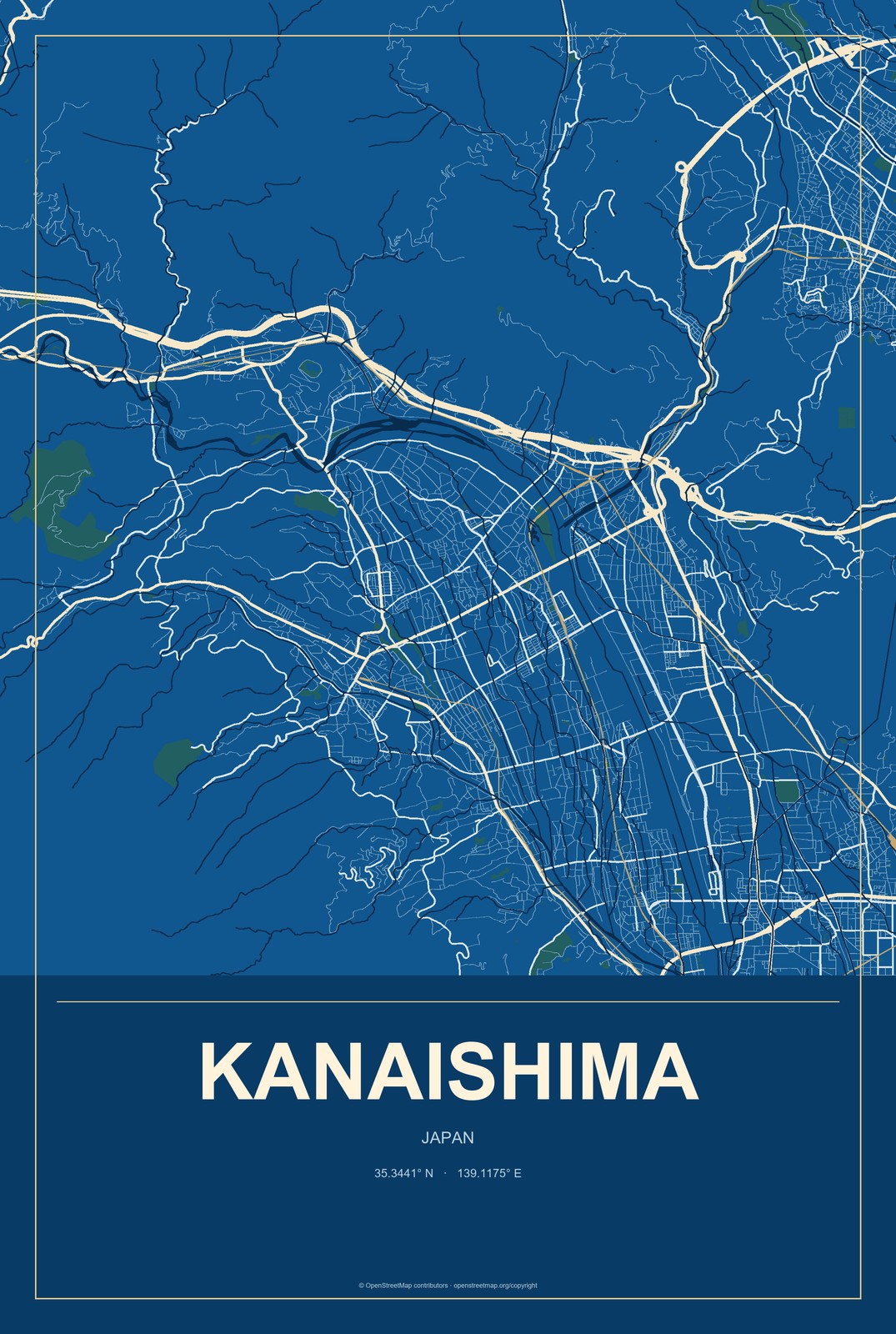Kanaishima, Japan City Map Aluminum Sign in Harbor Cobalt style