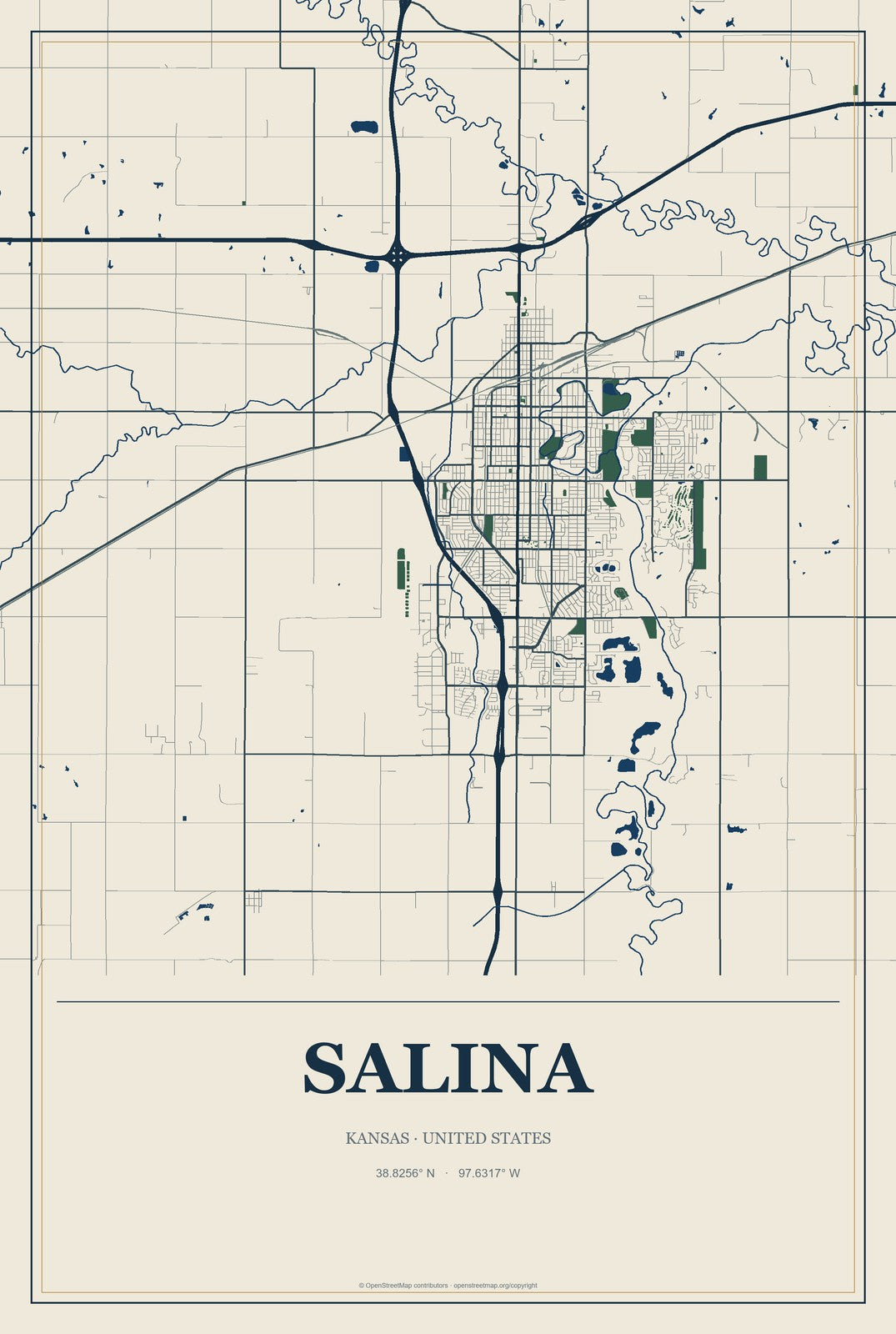 Salina, Kansas City Map Aluminum Sign in Coastal Cutout style