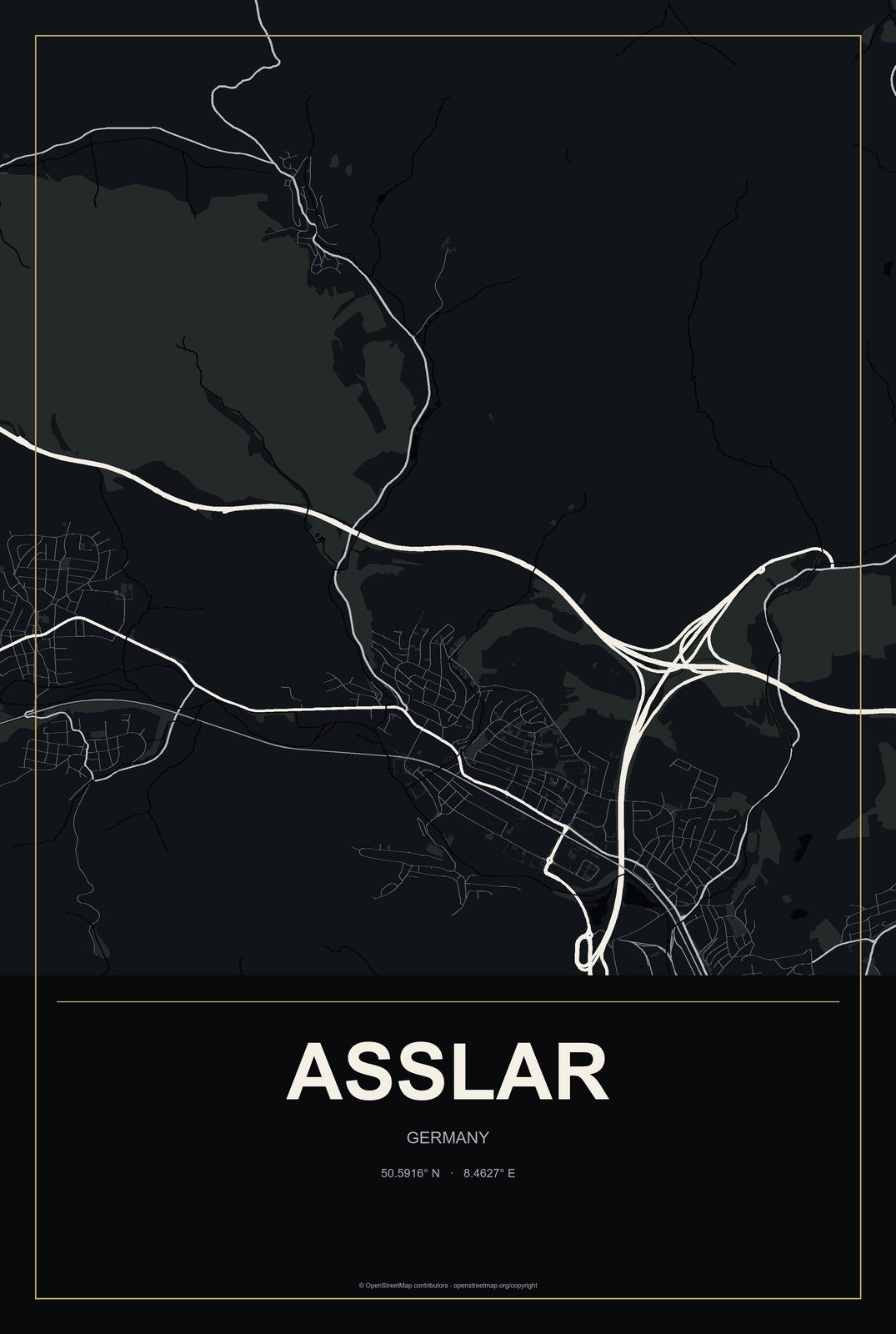 Aßlar, Germany City Map Aluminum Sign in Metropolitan Noir style