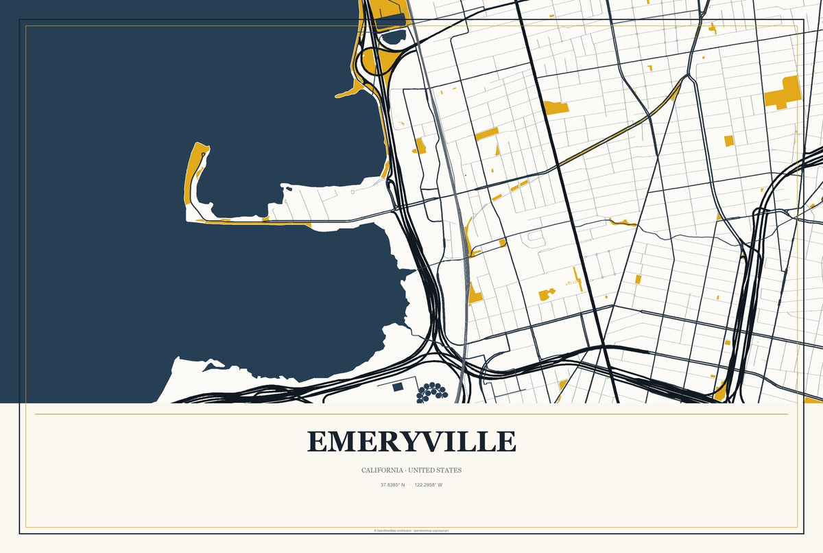 Emeryville, California City Map Aluminum Sign in Citrine Modern style