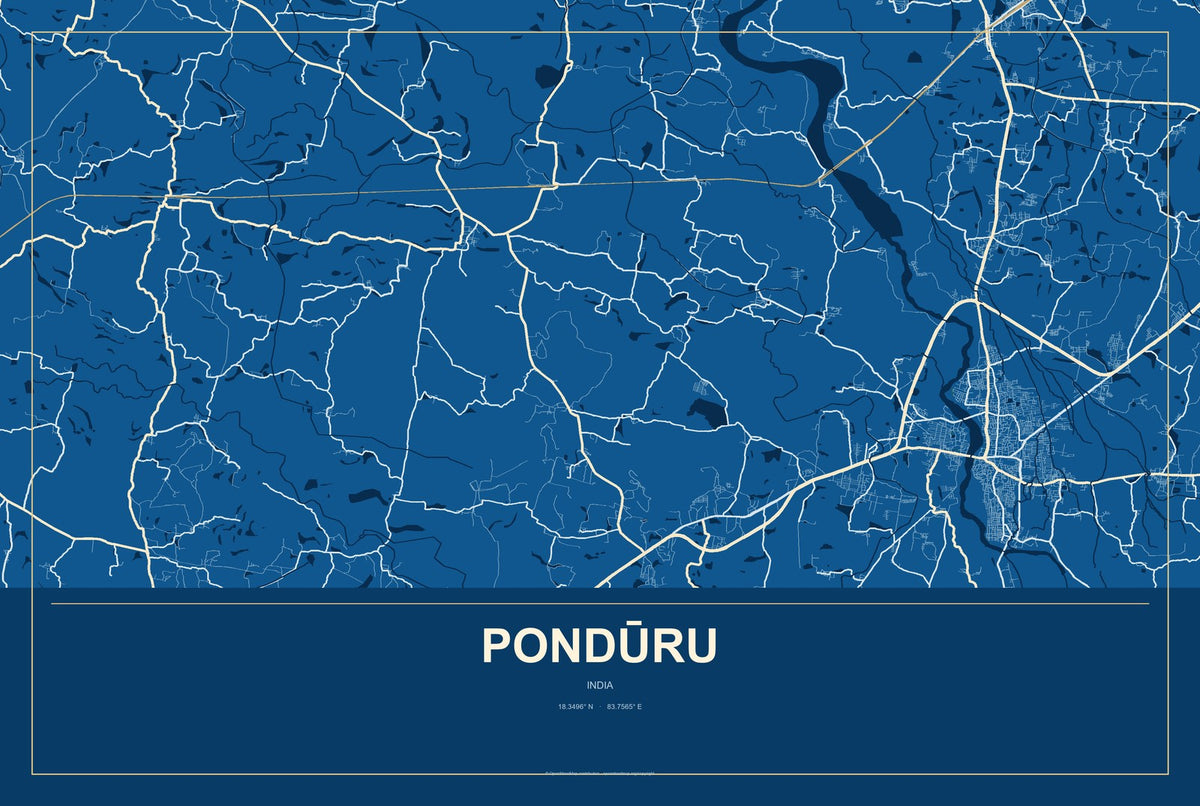 Pondūru, India City Map Aluminum Sign in Harbor Cobalt style
