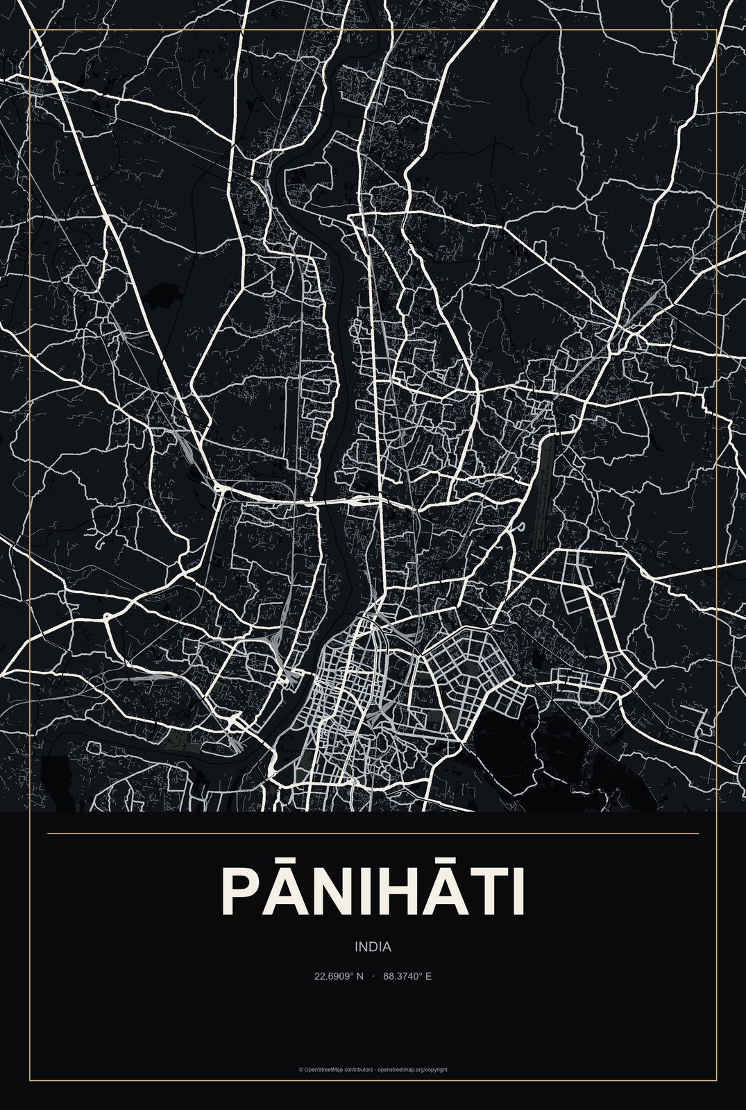 Pānihāti, India City Map Aluminum Sign in Metropolitan Noir style