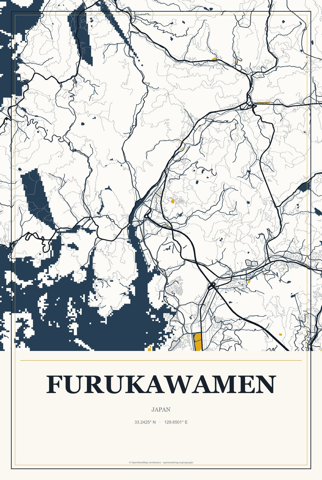Furukawamen, Japan City Map Aluminum Sign in Citrine Modern style