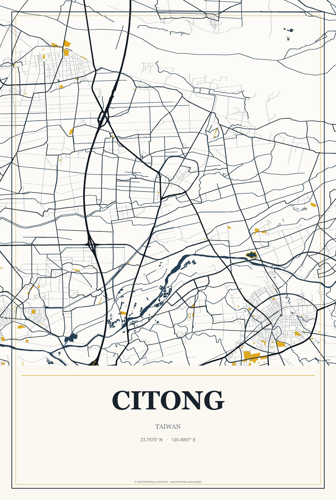 Citong, Taiwan City Map Aluminum Sign in Citrine Modern style