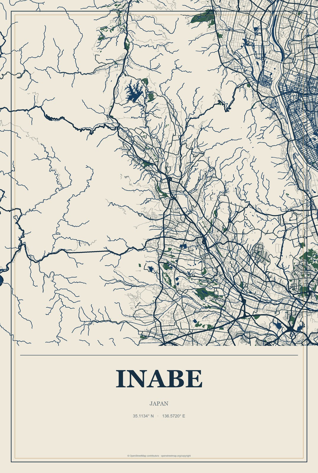 Inabe, Japan City Map Aluminum Sign in Coastal Cutout style