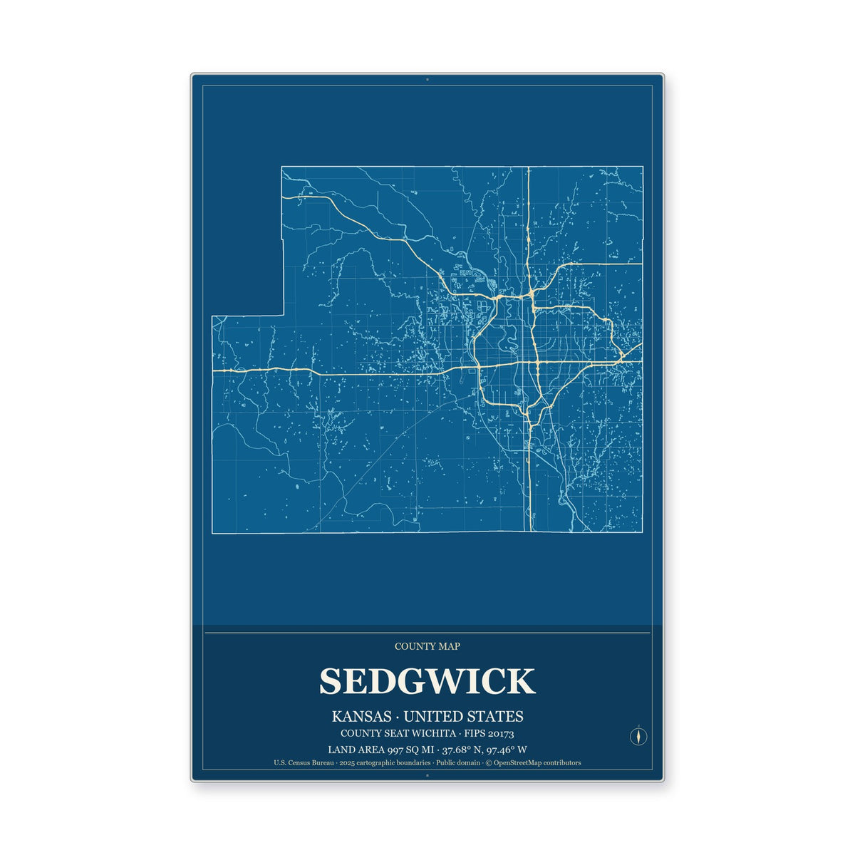 Sedgwick County, Kansas Map Aluminum Sign in Harbor Cobalt style