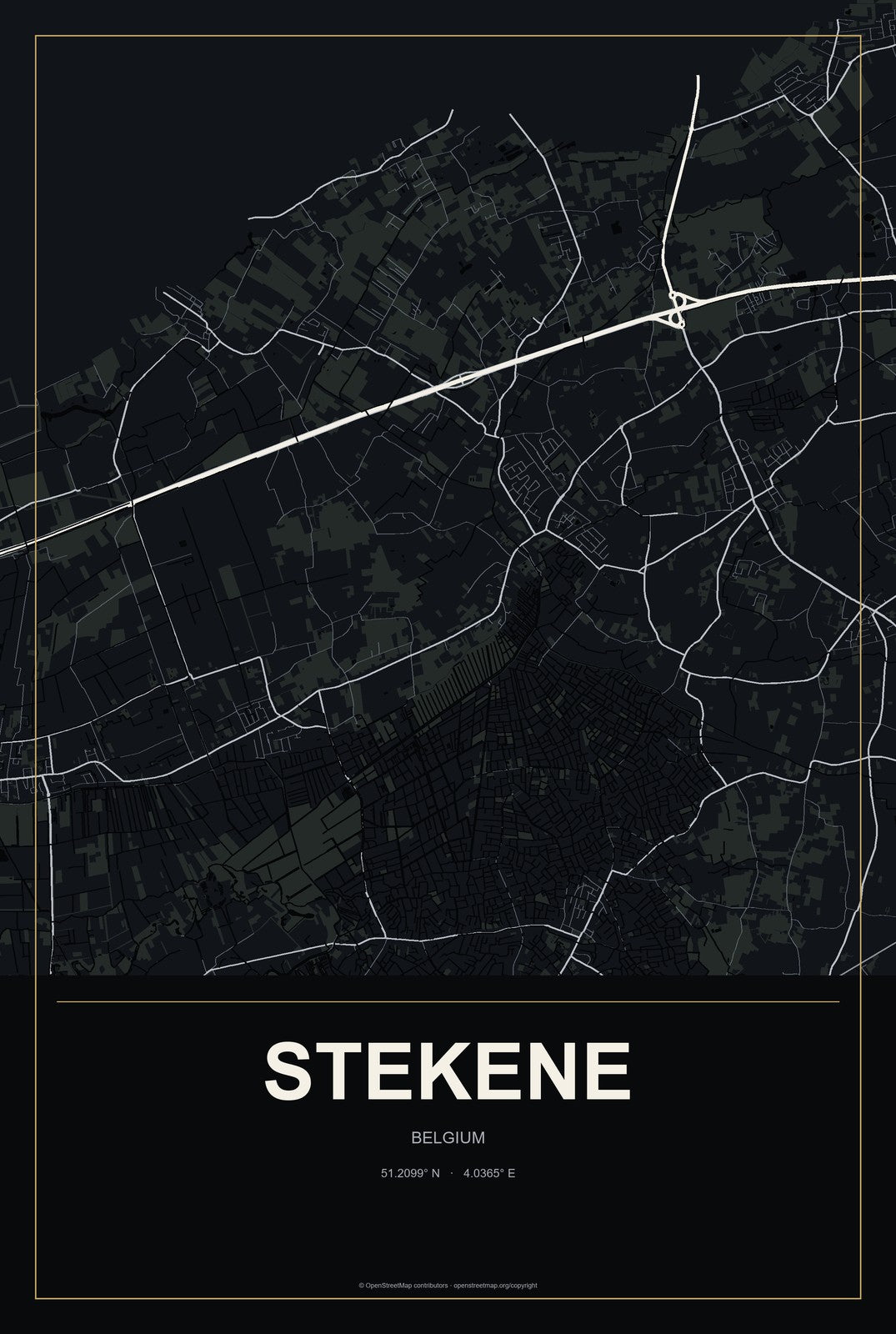 Stekene, Belgium City Map Aluminum Sign in Metropolitan Noir style