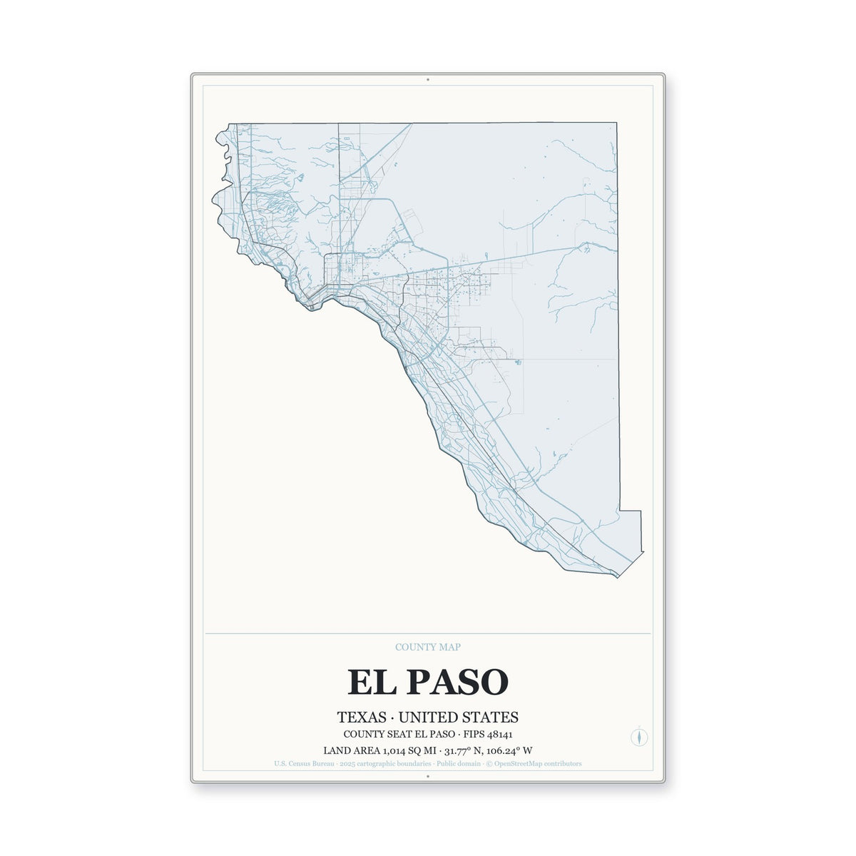 El Paso County, Texas Map Aluminum Sign in Gallery Air style