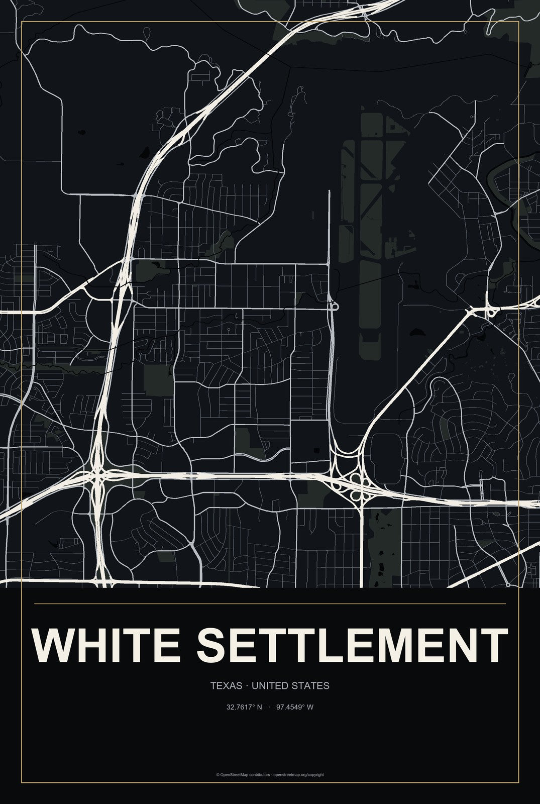 White Settlement, Texas City Map Aluminum Sign in Metropolitan Noir style