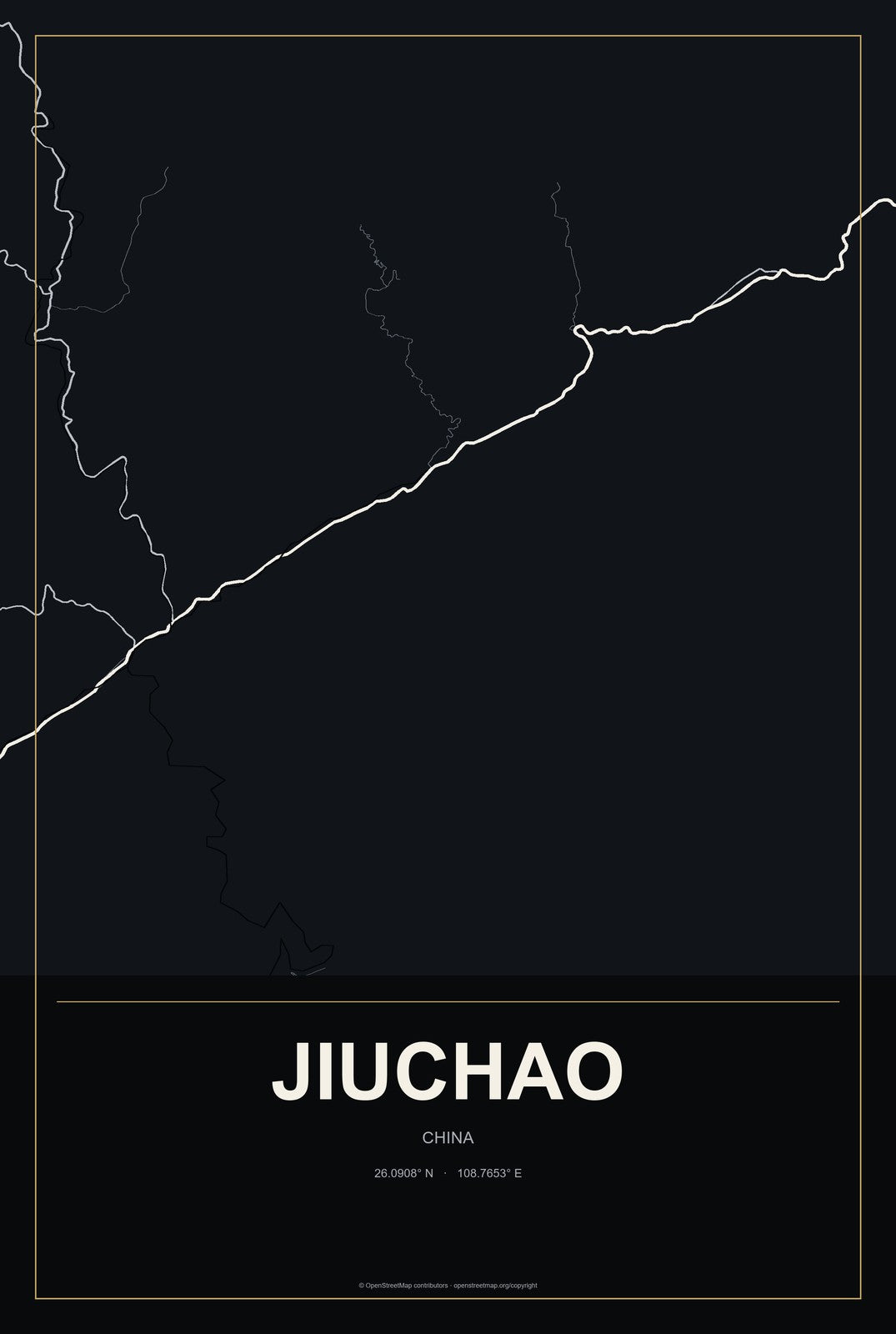 Jiuchao, China City Map Aluminum Sign in Metropolitan Noir style