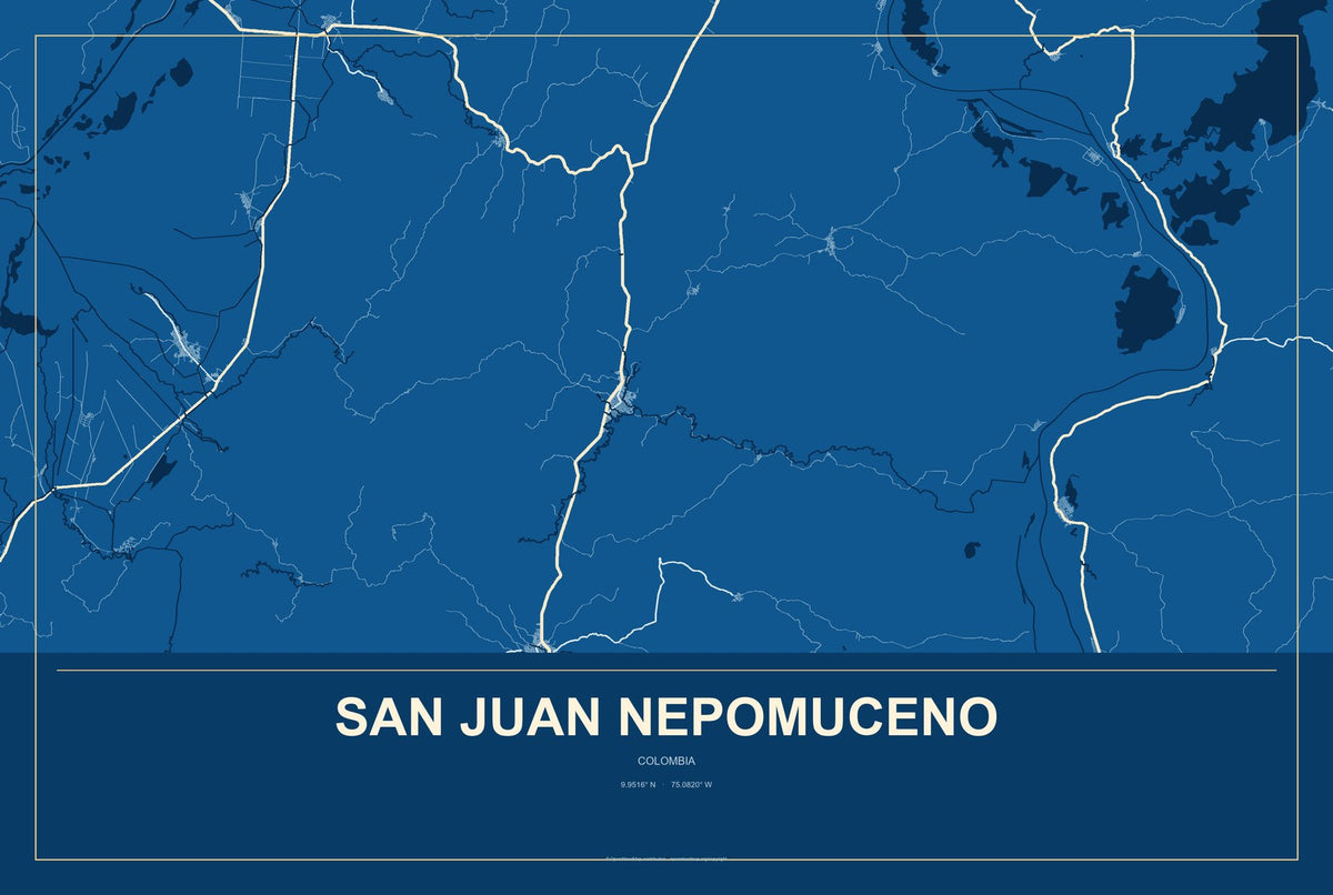 San Juan Nepomuceno, Colombia City Map Aluminum Sign in Harbor Cobalt style