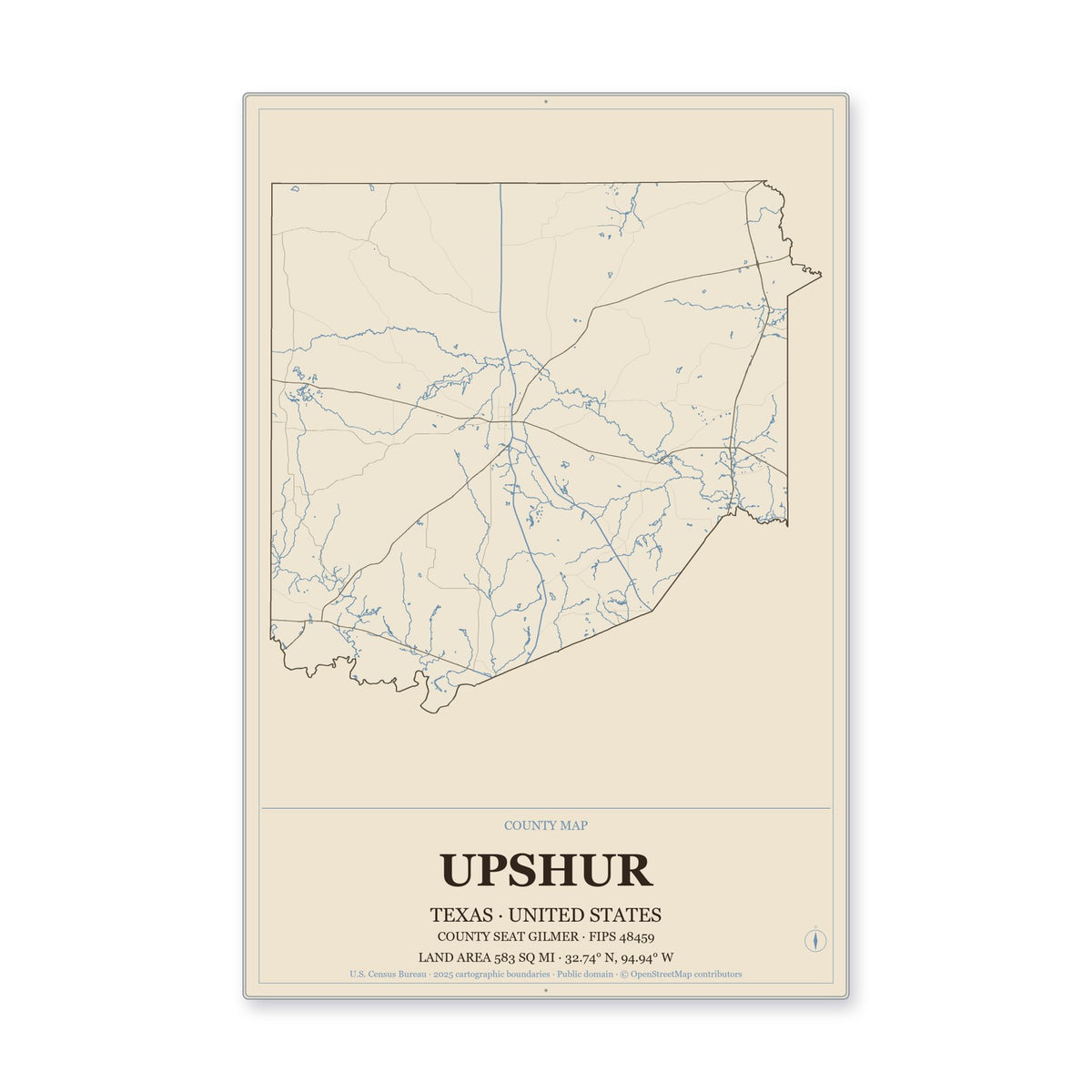 Upshur County, Texas Map Aluminum Sign in Heritage Nautical style