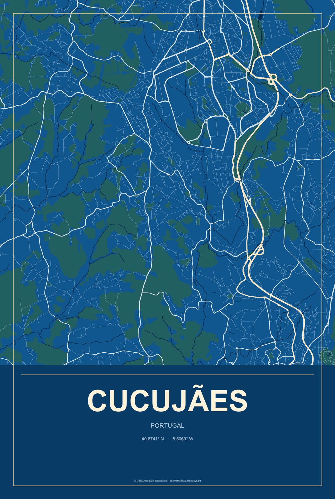 Cucujães, Portugal City Map Aluminum Sign in Harbor Cobalt style