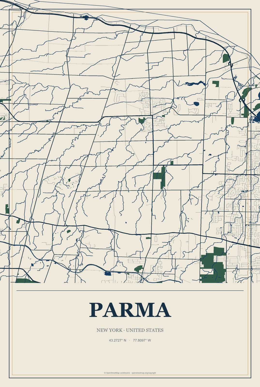 Parma, New York City Map Aluminum Sign in Coastal Cutout style