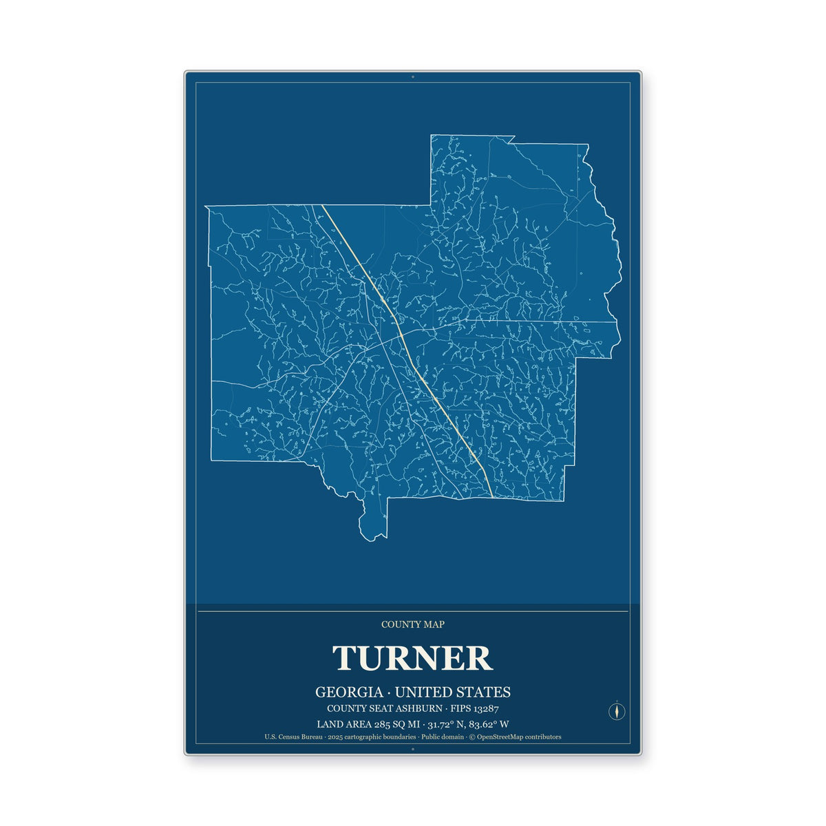 Turner County, Georgia Map Aluminum Sign in Harbor Cobalt style