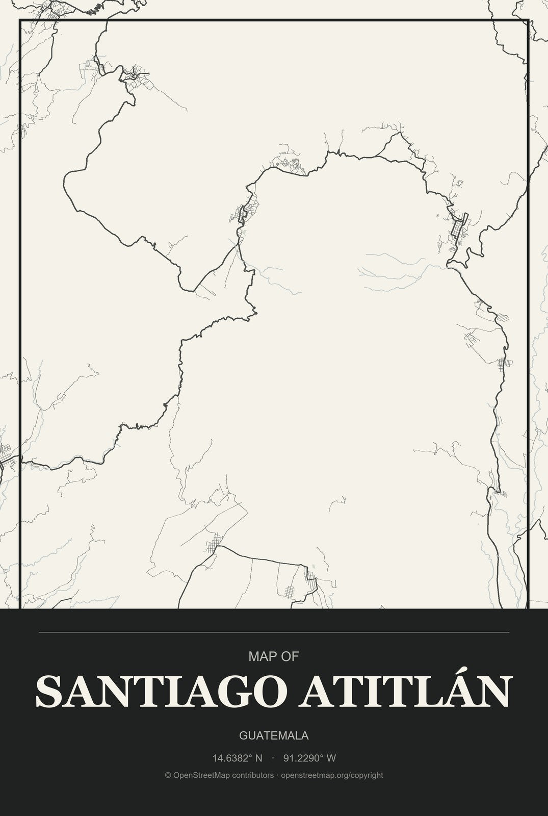 Santiago Atitlán, Guatemala City Map Aluminum Sign in Museum Plaque style