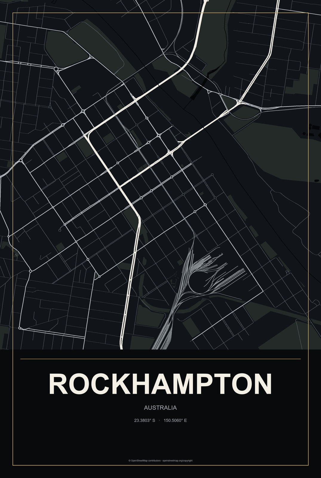 Rockhampton, Australia City Map Aluminum Sign in Metropolitan Noir style