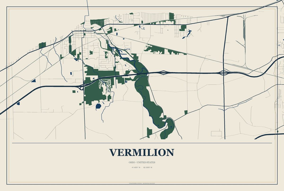 Vermilion, Ohio City Map Aluminum Sign in Coastal Cutout style