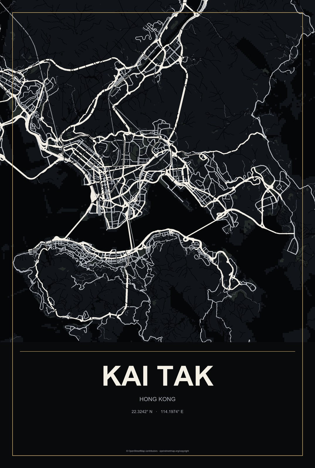 Kai Tak, Hong Kong City Map Aluminum Sign in Metropolitan Noir style