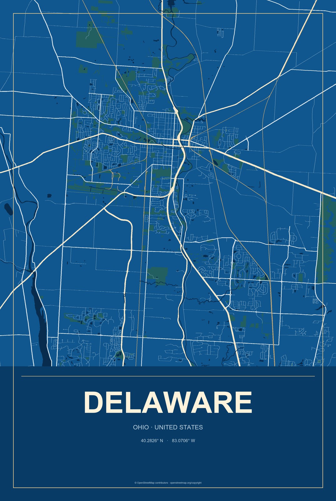 Delaware, Ohio City Map Aluminum Sign in Harbor Cobalt style