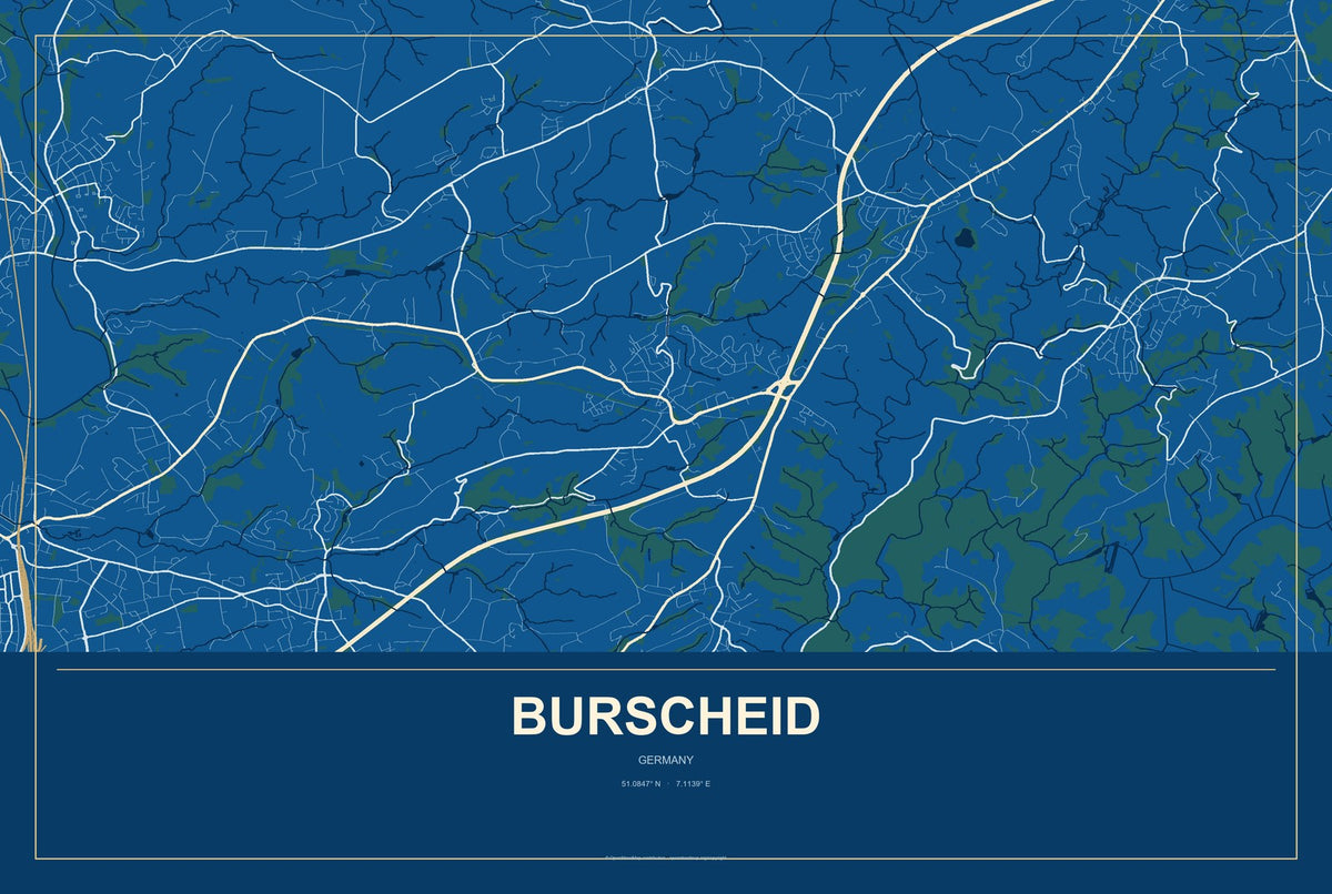 Burscheid, Germany City Map Aluminum Sign in Harbor Cobalt style
