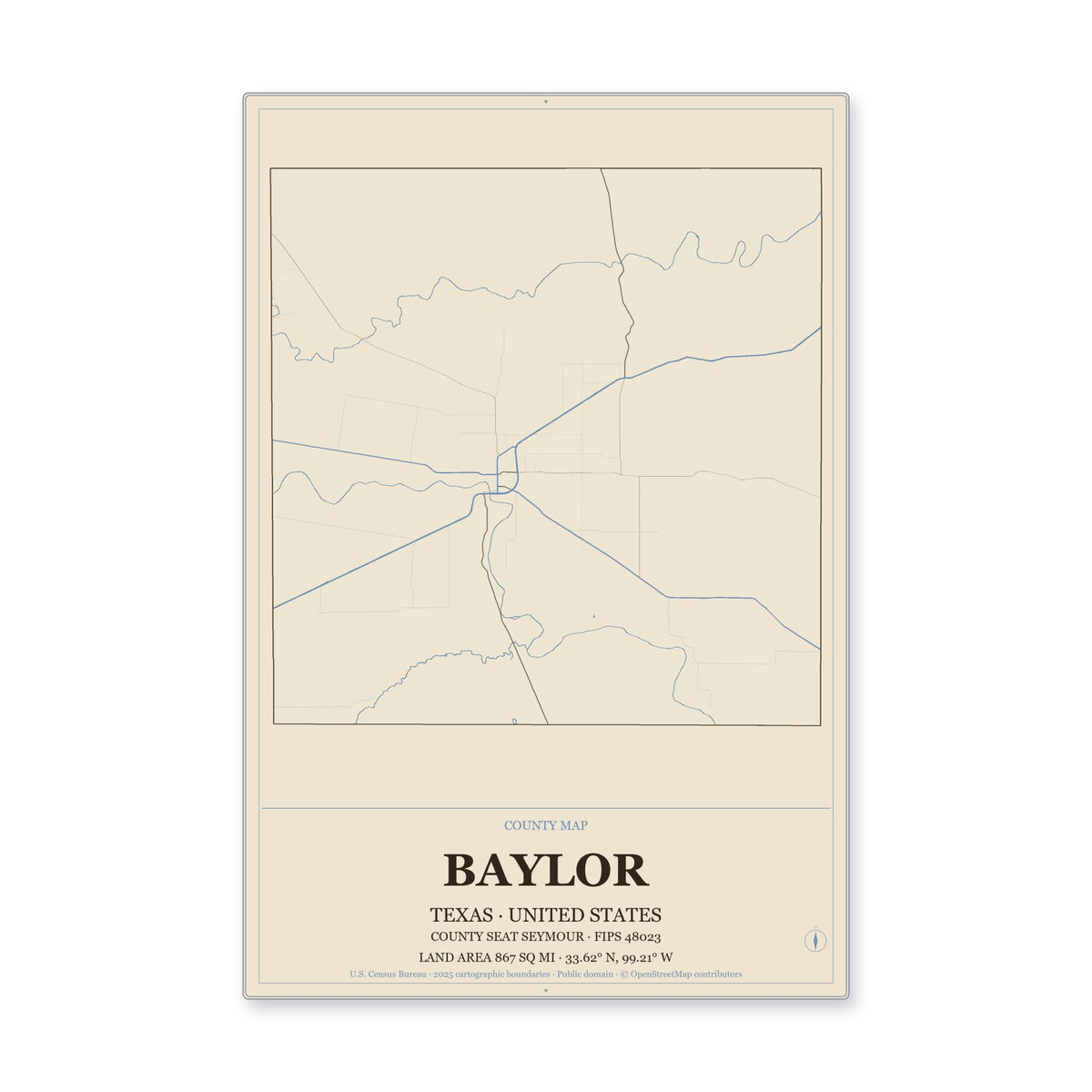 Baylor County, Texas Map Aluminum Sign in Heritage Nautical style