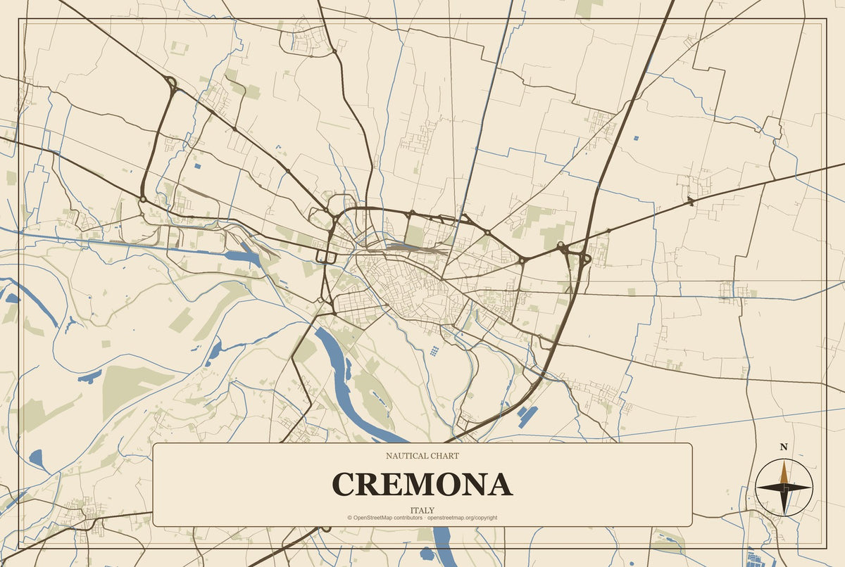 Cremona, Italy City Map Aluminum Sign in Heritage Nautical style