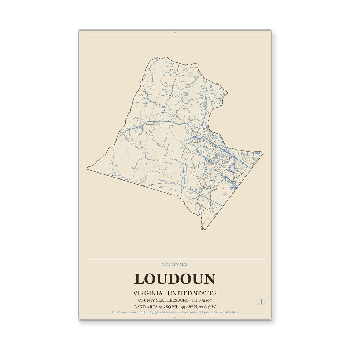 Loudoun County, Virginia Map Aluminum Sign in Heritage Nautical style