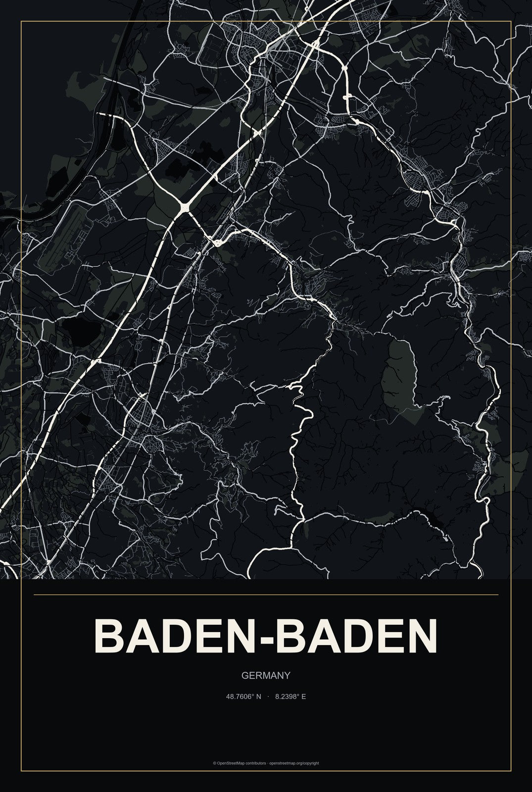 Baden-Baden, Germany City Map Aluminum Sign in Metropolitan Noir style