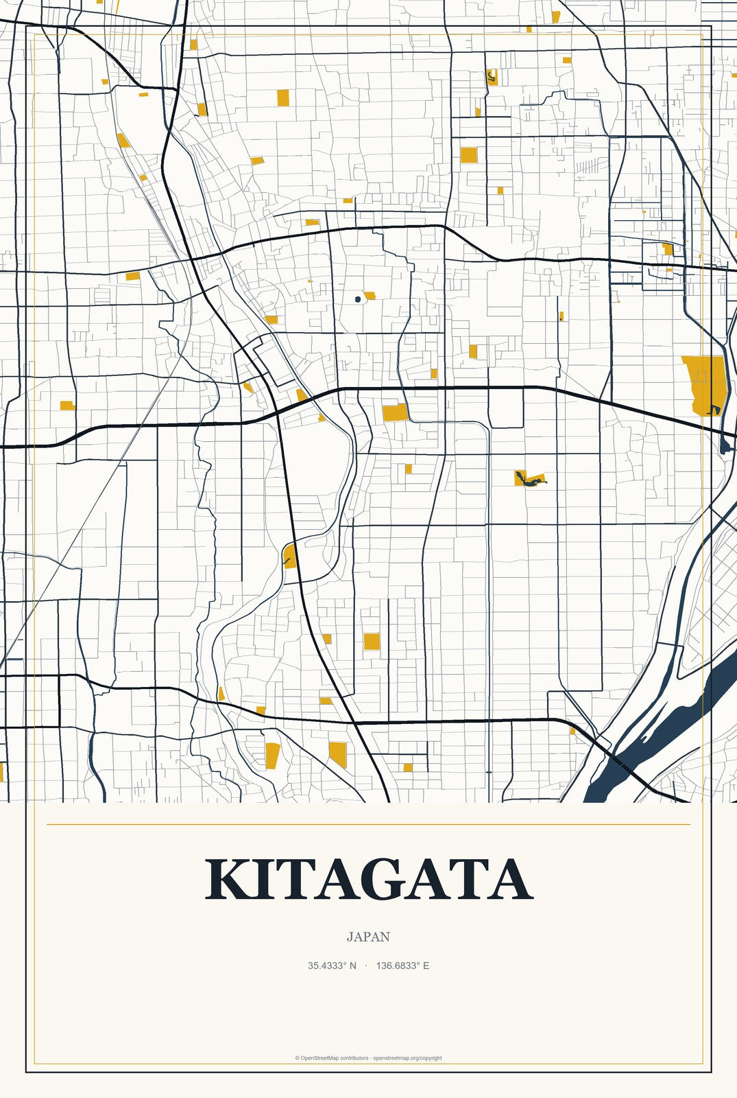 Kitagata, Japan City Map Aluminum Sign in Citrine Modern style