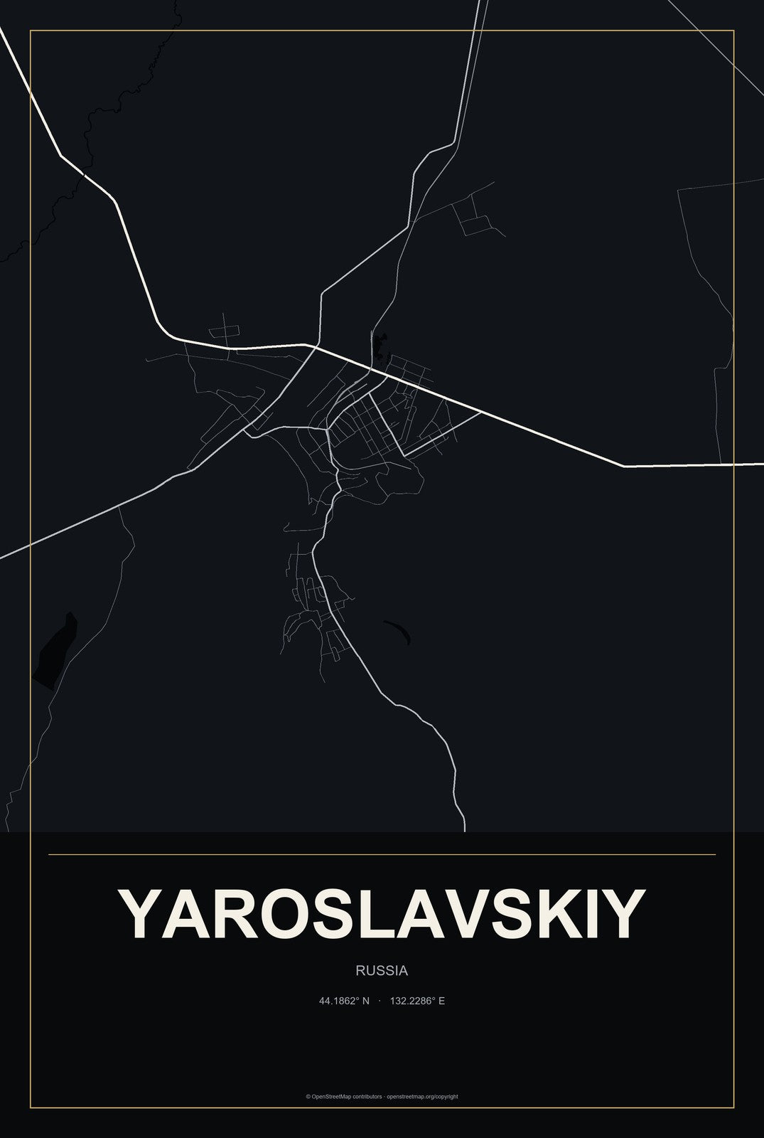 Yaroslavskiy, Russia City Map Aluminum Sign in Metropolitan Noir style