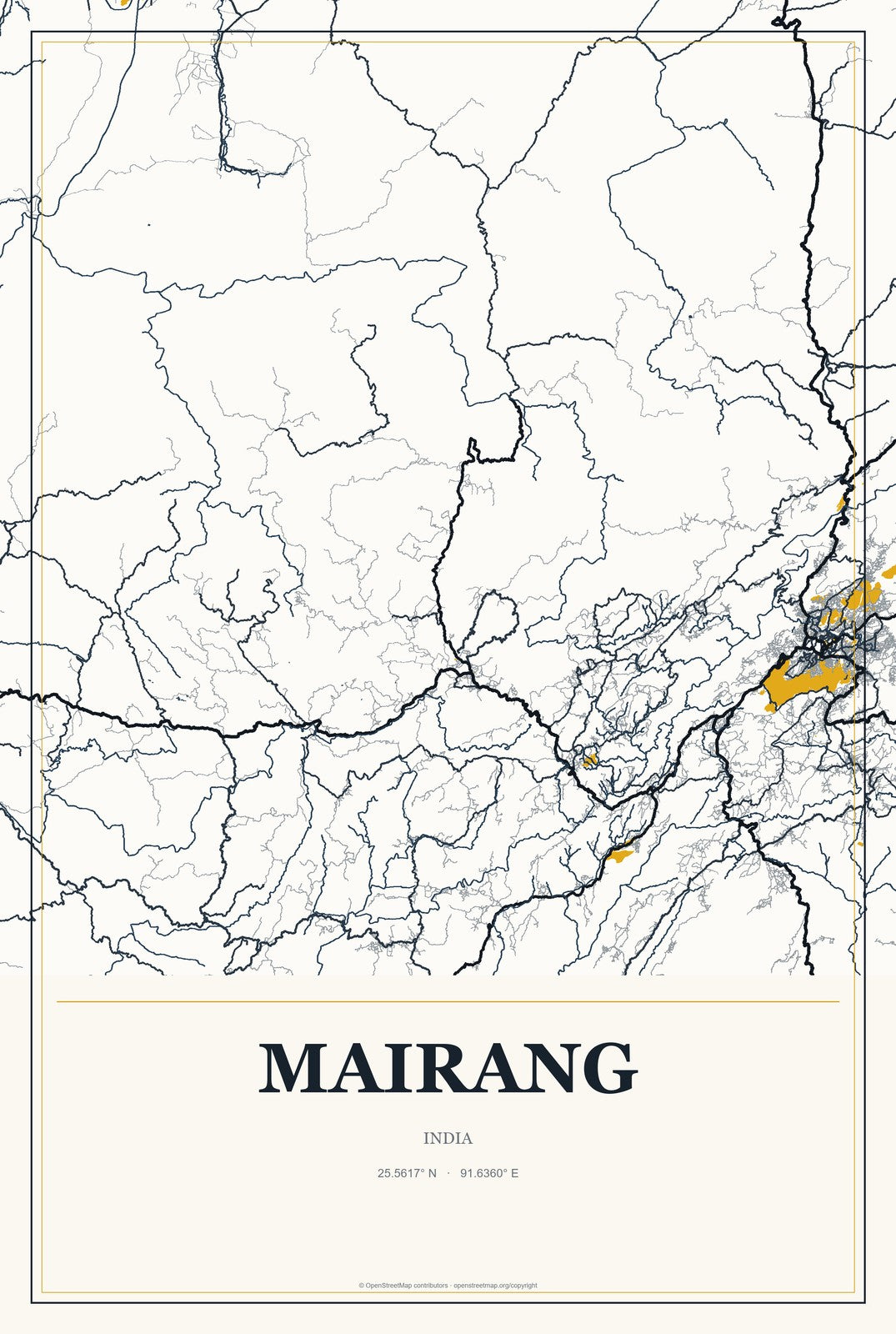 Mairang, India City Map Aluminum Sign in Citrine Modern style
