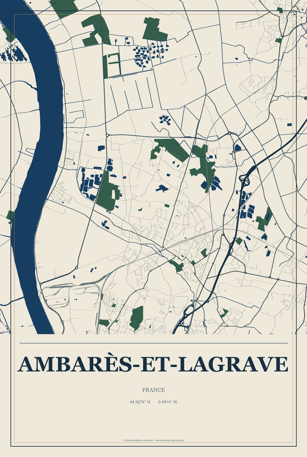 Ambarès-et-Lagrave, France City Map Aluminum Sign in Coastal Cutout style