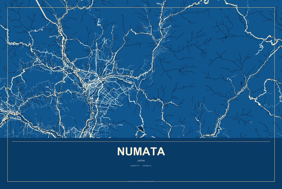 Numata, Japan City Map Aluminum Sign in Harbor Cobalt style