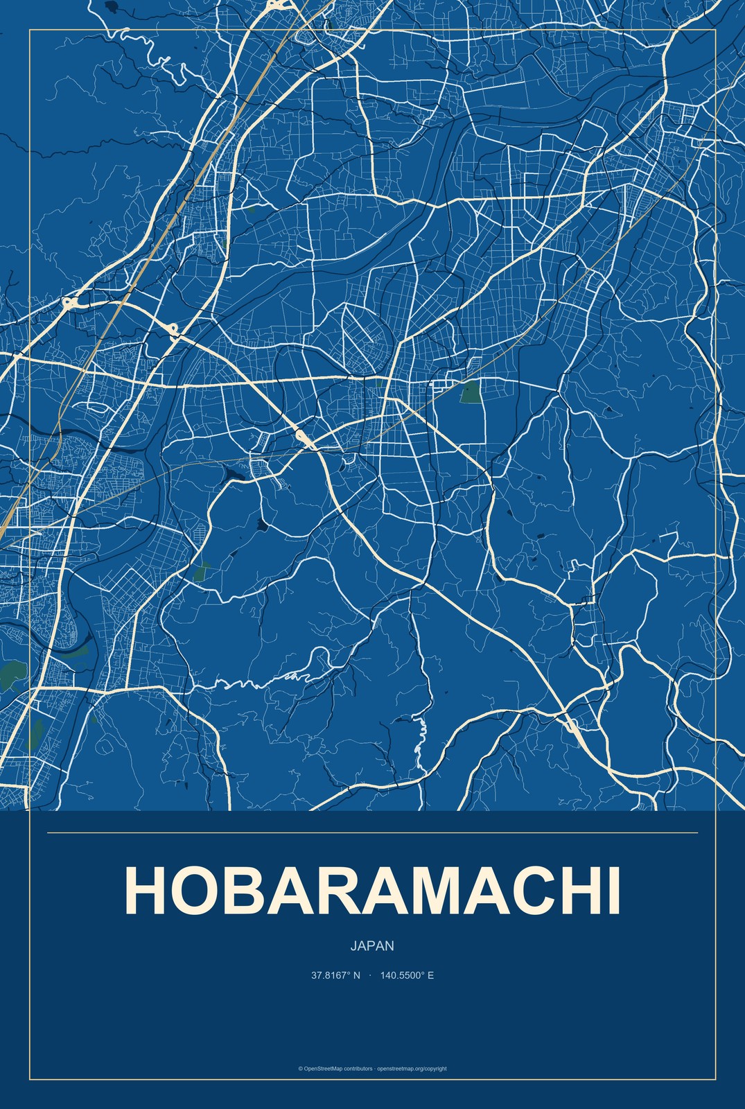 Hobaramachi, Japan City Map Aluminum Sign in Harbor Cobalt style