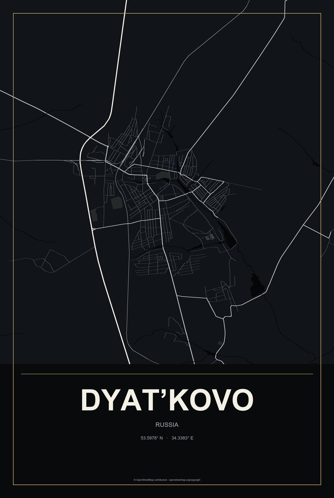 Dyat’kovo, Russia City Map Aluminum Sign in Metropolitan Noir style
