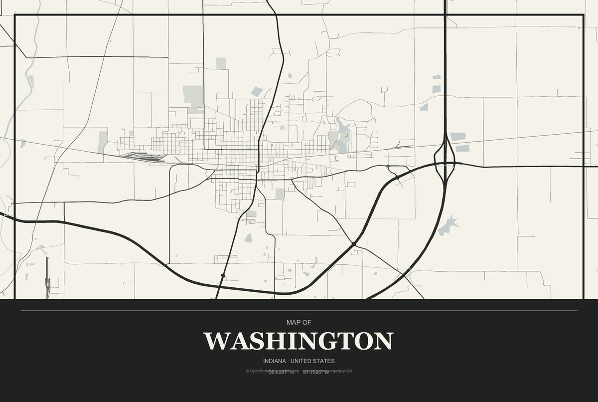 Washington, Indiana City Map Aluminum Sign in Museum Plaque style