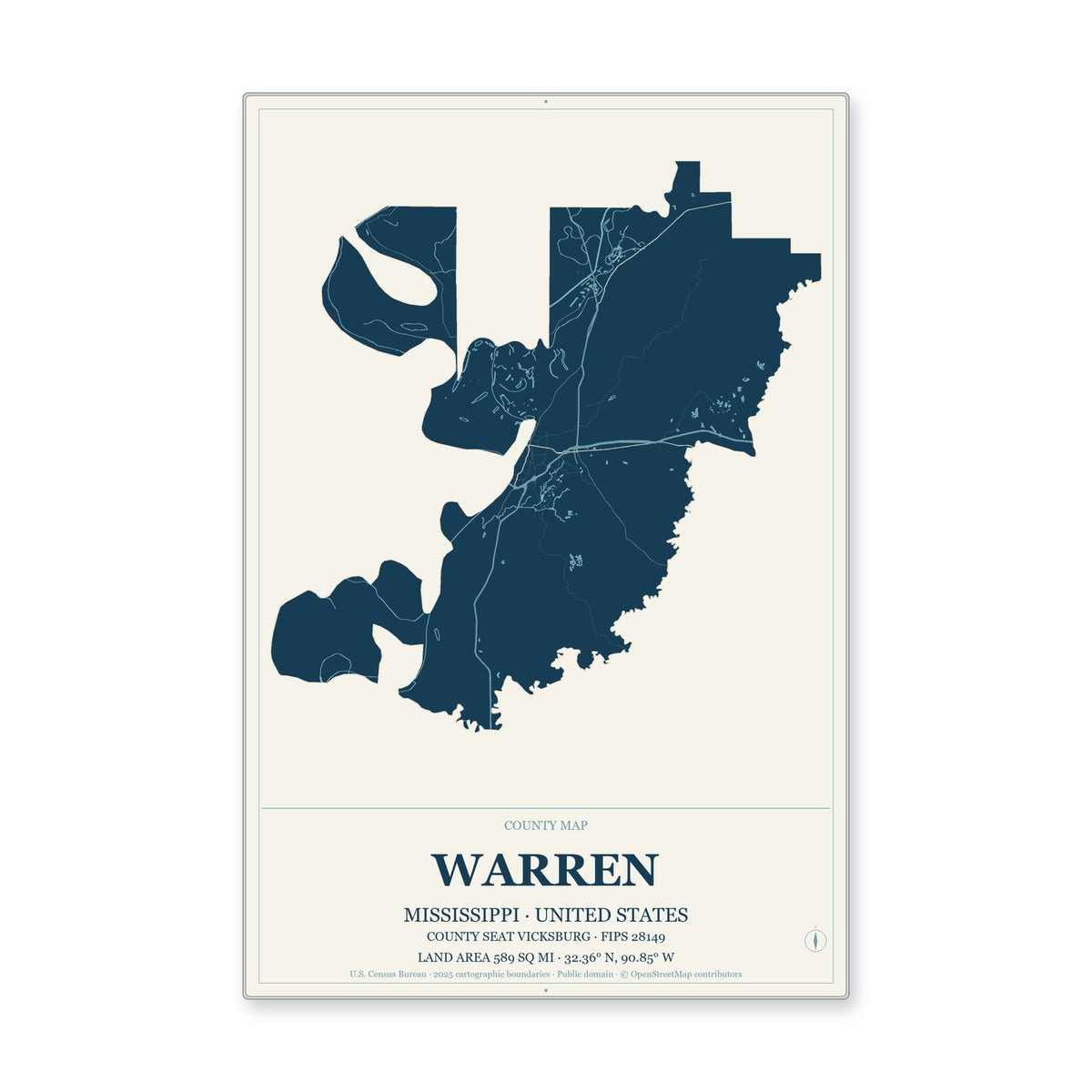 Warren County, Mississippi Map Aluminum Sign in Coastal Cutout style