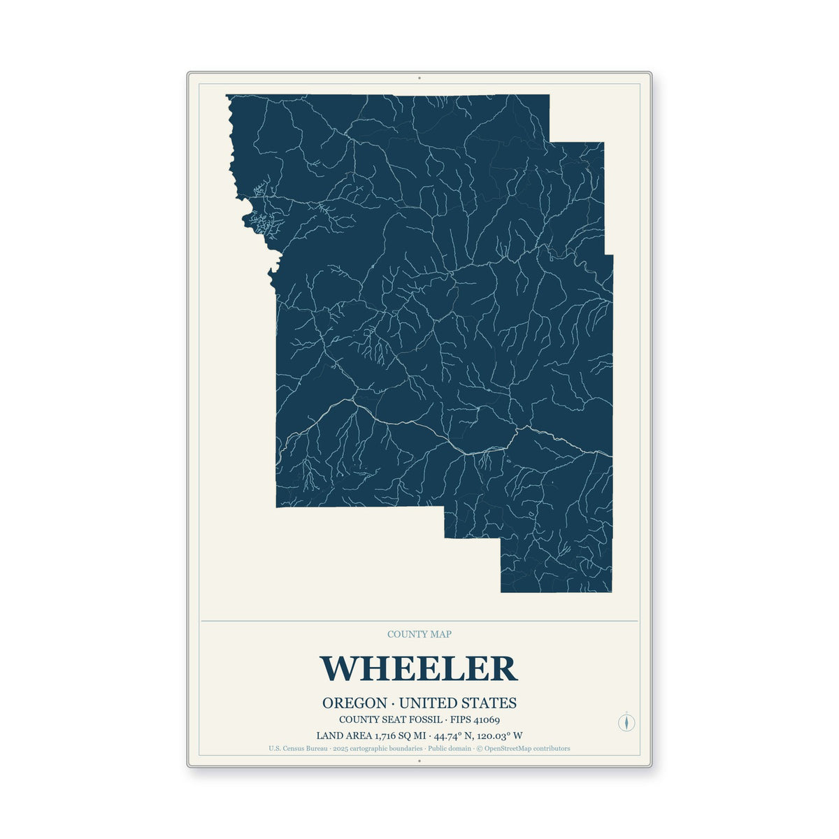 Wheeler County, Oregon Map Aluminum Sign in Coastal Cutout style