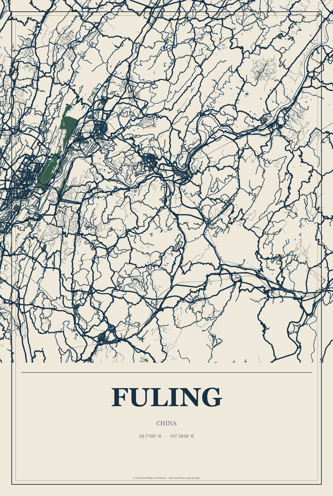 Fuling, China City Map Aluminum Sign in Coastal Cutout style