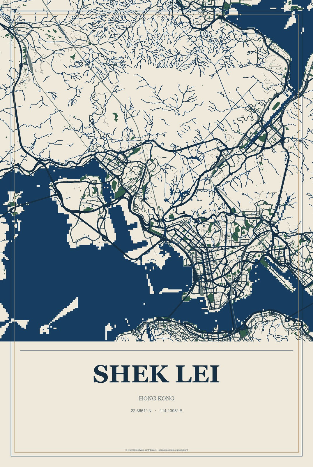 Shek Lei, Hong Kong City Map Aluminum Sign in Coastal Cutout style