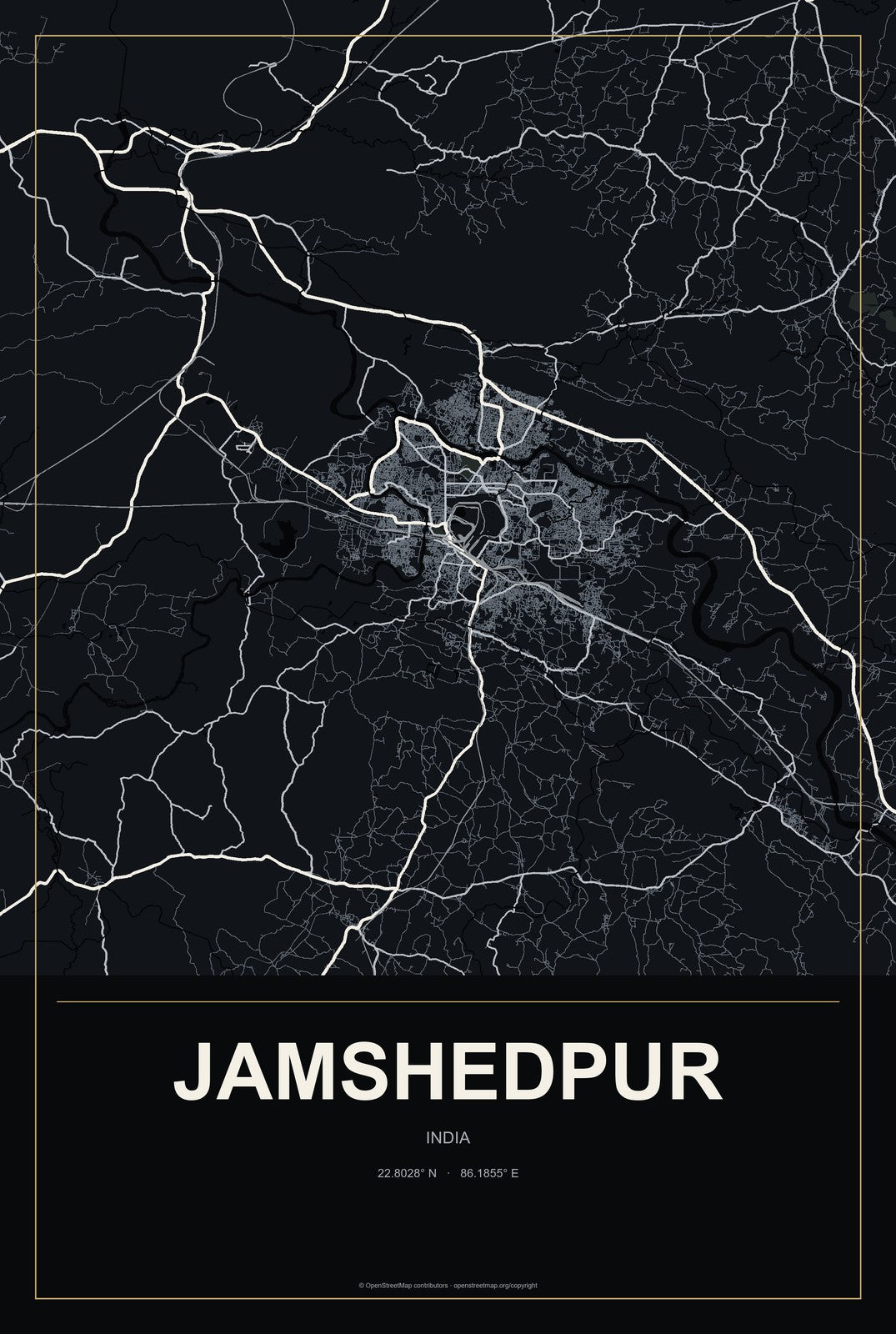 Jamshedpur, India City Map Aluminum Sign in Metropolitan Noir style
