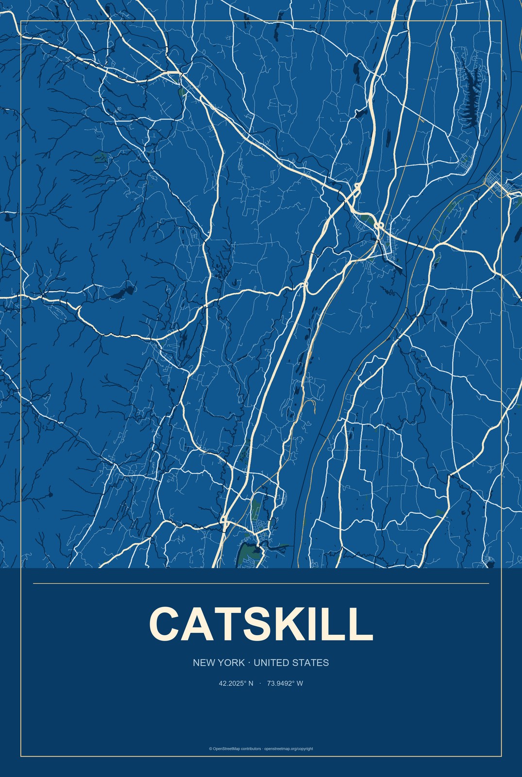 Catskill, New York City Map Aluminum Sign in Harbor Cobalt style