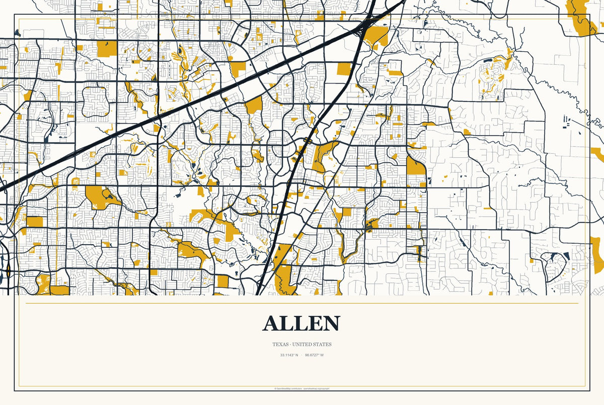 Allen, Texas City Map Aluminum Sign in Citrine Modern style