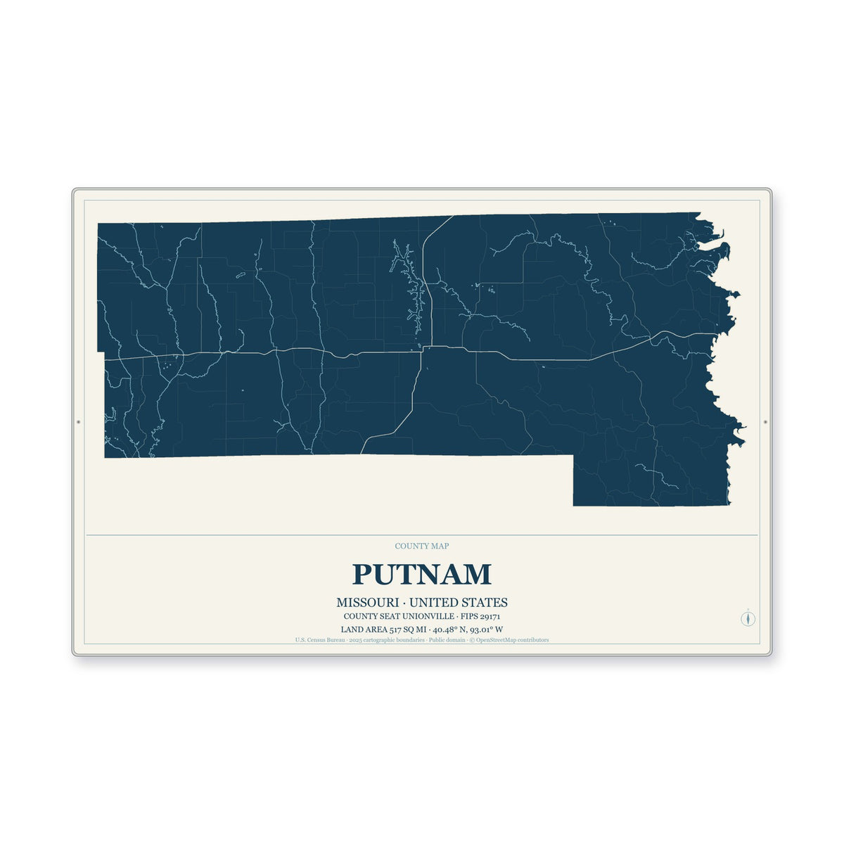 Putnam County, Missouri Map Aluminum Sign in Coastal Cutout style