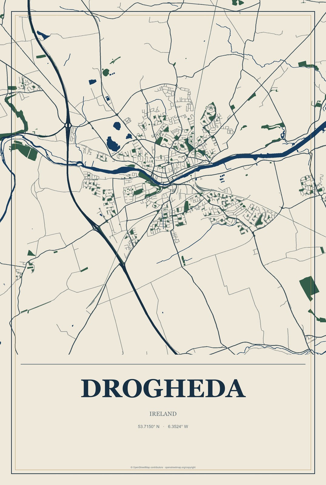 Drogheda, Ireland City Map Aluminum Sign in Coastal Cutout style