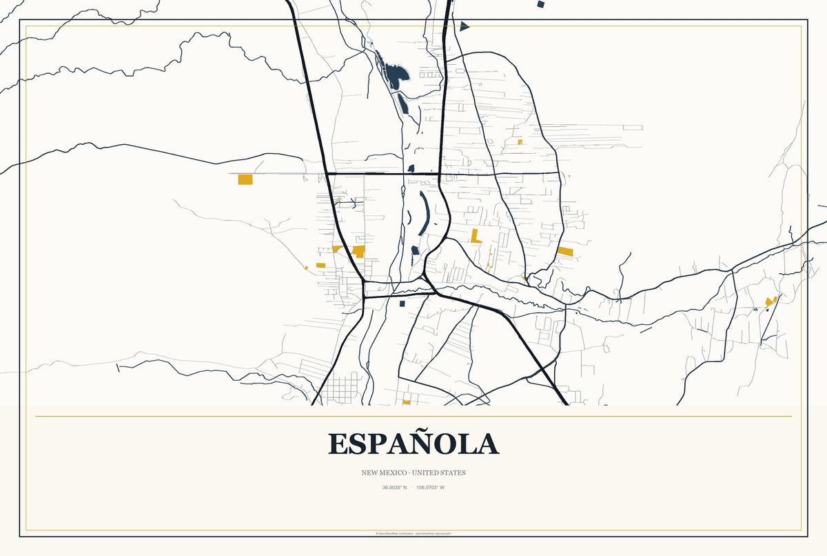 Española, New Mexico City Map Aluminum Sign in Citrine Modern style
