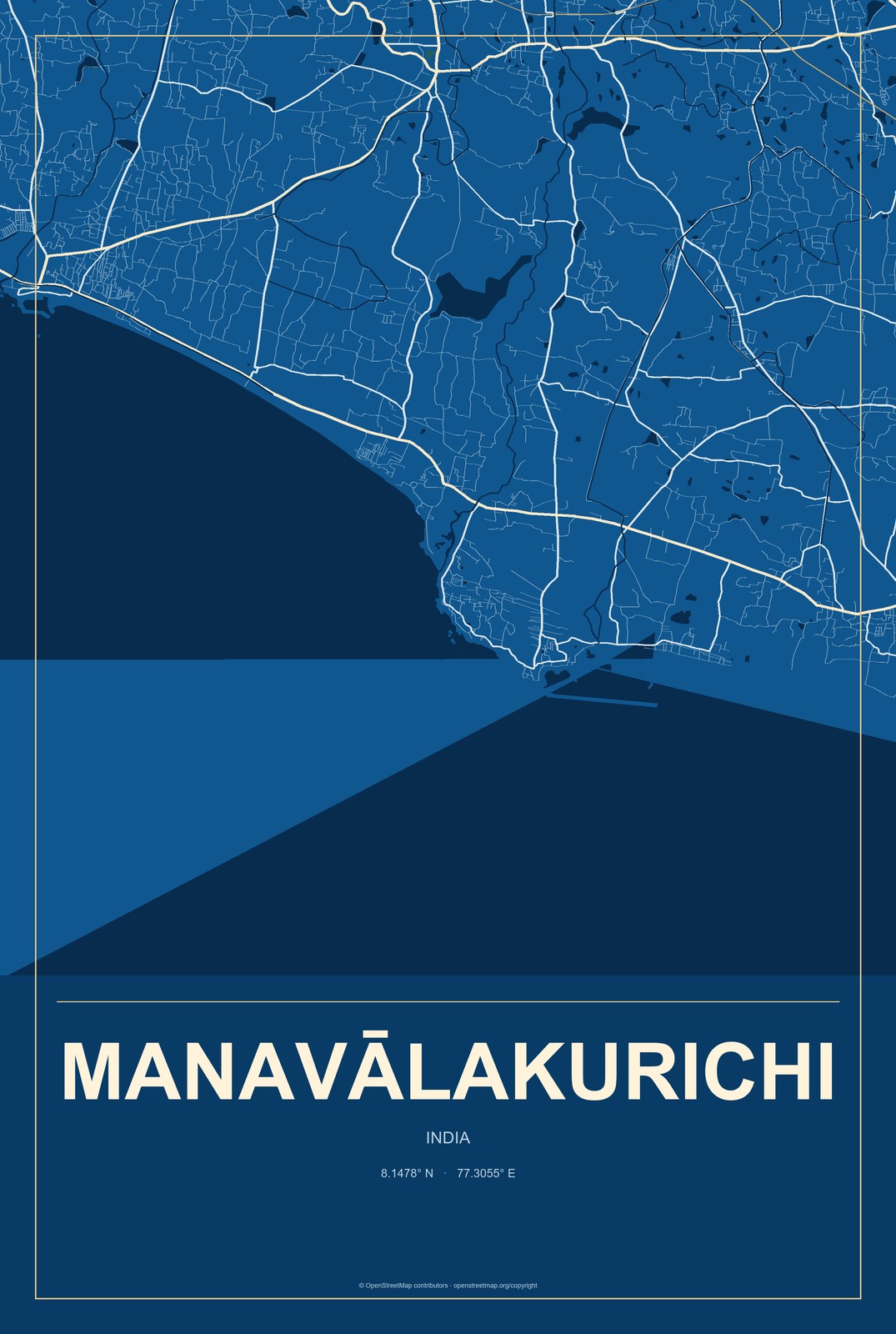 Manavālakurichi, India City Map Aluminum Sign in Harbor Cobalt style